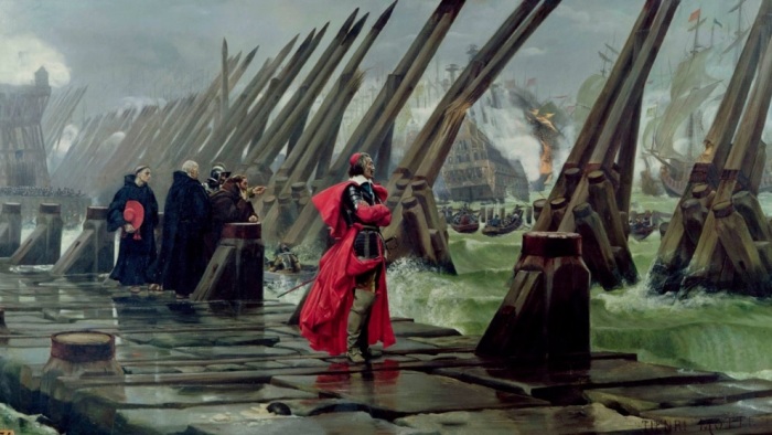 A 19th century painting by Henri Motte that depicts Cardinal Richelieu overseeing the siege of La Rochelle in 1628 and the sea wall created to stop any aid to the city. 