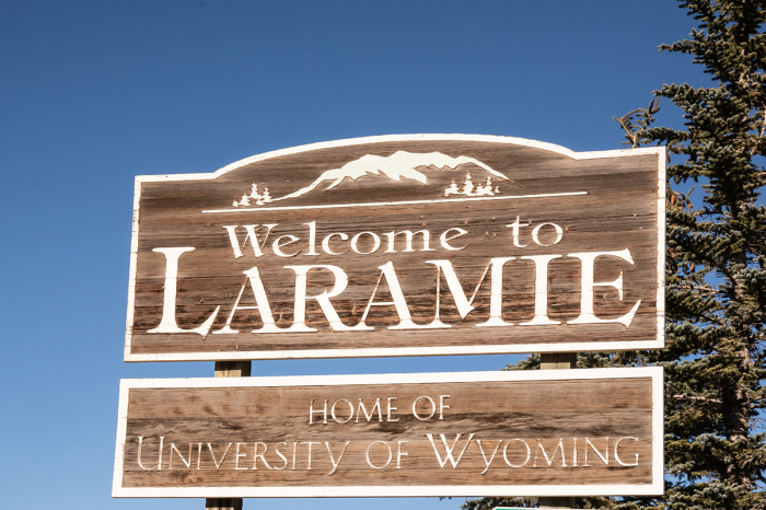 Welcome to Laramie - Home of the University of Wyoming along Route 287 in Laramie, Wyoming, December 5, 2020. 