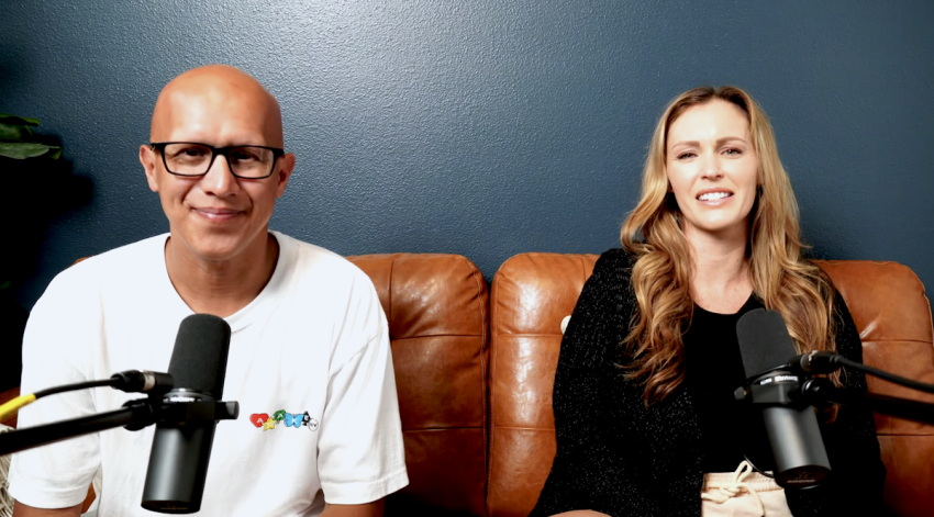 Ex-porn star Brittni De La Mora (R) and her pastor husband Richard (L) speak during a 