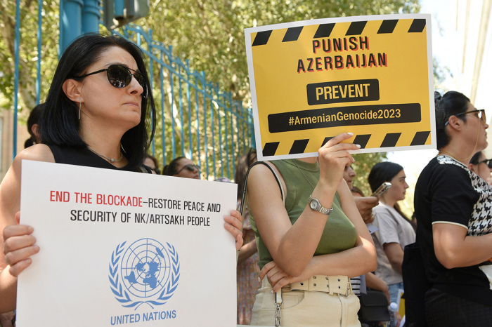 Activists protest in front of the UN Office in Armenia in Yerevan, on August 16, 2023. On August 12, 2023, Armenia urged the U.N. Security Council to hold a crisis meeting on Nagorno-Karabakh, citing a 'deteriorating humanitarian situation' after accusing Azerbaijan of blocking supplies to the disputed region. 