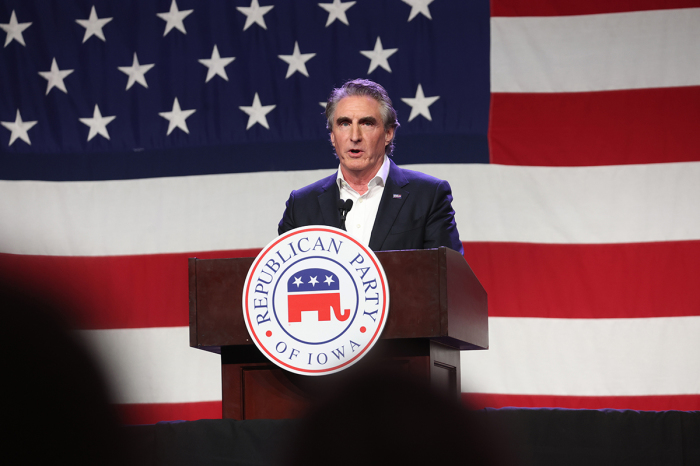 Republican presidential candidate North Dakota Governor Doug Burgum speaks to guests at the Republican Party of Iowa 2023 Lincoln Dinner on July 28, 2023, in Des Moines, Iowa. Thirteen Republican presidential candidates were scheduled to speak at the event. 