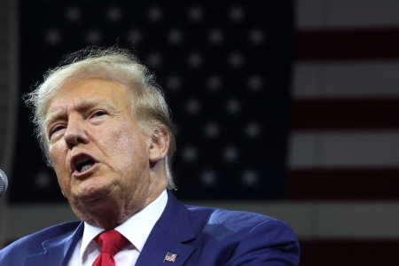 Former President Donald Trump speaks at the Monument Leaders Rally hosted by the South Dakota Republican Party on September 08, 2023, in Rapid City, South Dakota. South Dakota Governor Kristi Noem endorsed Trump during the event.