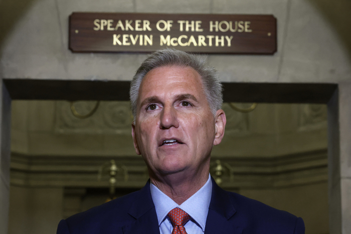 Speaker of the House Kevin McCarthy, R-Calif., announces an impeachment inquiry against U.S. President Joe Biden to members of the news media outside his office at the U.S. Capitol on September 12, 2023, in Washington, D.C. 