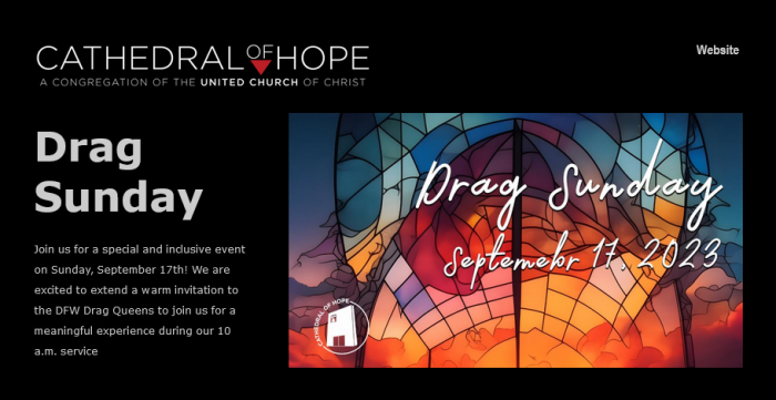 A screenshot of the digital flyer for a 'Drag Sunday' event at Cathedral of Hope in Dallas, Texas.