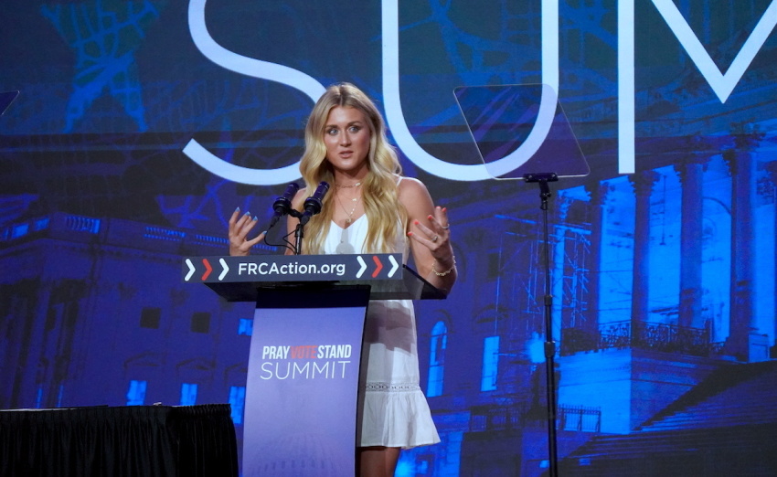 Gallatin, Tennessee's American former competitive swimmer Riley Gaines, who competed for the University of Kentucky NCAA swim team, delivers an address to a crowd about the impact of trans males performing in women's sports at the Pray Vote Stand Summit in Washington D.C. on Sept. 15, 2023 at the Omini Shoreham Hotel.
