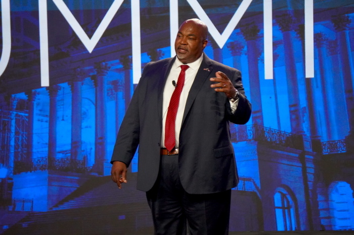American politician Mark Robinson, currently serving as the 35th lieutenant governor of North Carolina since 2021, delivers a speech to a crowd at the Pray Vote Stand Summit in Washington D.C. on Sept. 15, 2023, at the Omni Shoreham Hotel.