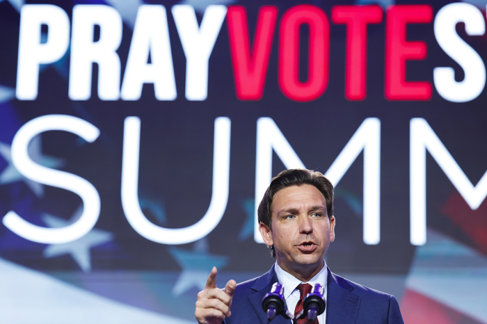 Republican presidential candidate Florida Governor Ron DeSantis speaks at the Pray Vote Stand Summit at the Omni Shoreham Hotel on September 15, 2023, in Washington, D.C. The summit featured remarks from multiple 2024 Republican Presidential candidates making their case to the conservative audience members. 