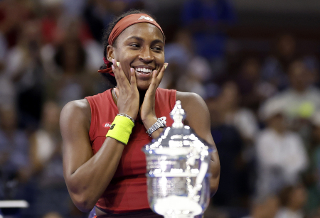 Coco Gauff of the United States celebrates after defeating Aryna Sabalenka of Belarus in their Women's Singles Final match on Day Thirteen of the 2023 US Open at the USTA Billie Jean King National Tennis Center on September 09, 2023, in the Flushing neighborhood of the Queens borough of New York City.