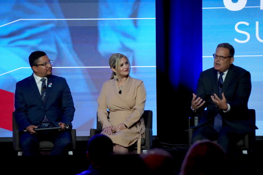 Three speakers deliver remarks in a panel titled "The Hispanic Community and Its Growing Influence in the U.S." at the Pray Vote Stand Summit in Washington, D.C., on Sept. 16, 2023, at the Omni Shoreham Hotel. The speakers included Alfonso Aguilar, Nilsa Alvarez and Angel Jordan.
