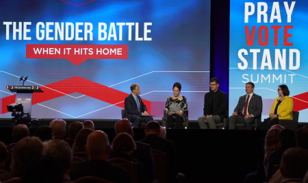 From Left: Tony Perkins, president of the Family Research Council, Amy Atterberry, Brandon Showalter, Missouri Attorney General Andrew Bailey and Jennifer Bauwens speak during a panel discussion on the topic of transgenderism, titled "When The Gender Battle Hits Home" at FRC’s Pray Vote Stand Summit in Washington, D.C., on September 16, 2023.