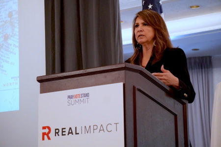 Gina Gleason of Calvary Chapel Chino Hills in Chino, California, shares a message about ballot collection in a breakout session at the Pray Vote Stand Summit in Washington D.C. on Sept. 16, 2023, at the Omni Shoreham Hotel.