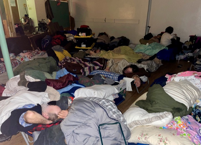 The homeless sleep on cots at the emergency cold weather shelter run by Resurrection Lutheran Church in Juneau, Alaska.