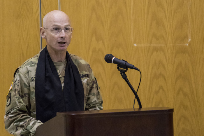 Chaplain (Maj.) Anthony Stephens, chaplain of the 42nd Combat Aviation Brigade, 42nd Infantry Division, New York Army National Guard (NYARNG), delivers a benediction following a change of command ceremony at Camp Smith, N.Y., September 9, 2018.