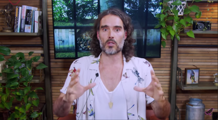 A screenshot of actor Russell Brand in a YouTube video from September 15, 2023. 