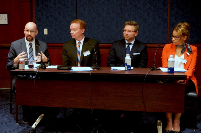 A panel of four speaks about the current state of religious persecution around the world and its connection to U.S. refugee resettlement and asylum policies on Sept 20, 2023, at the U.S. Capitol Visitor Center in Washington D.C. Members on the panel from far left to right include the president and CEO of World Relief, Myal Greene, the president and CEO of Open Doors US, Ryan Brown, the president of the Southern Baptist Convention's Ethics and Religious Liberty Commission, Brent Leatherwood and a new American who came to the U.S. an Iranian refugee, Sima Arshadi.
