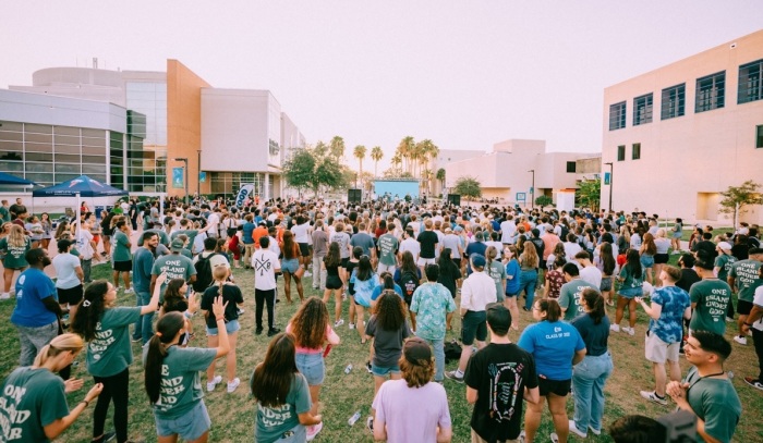A crowd of students gather at the campus of Texas A&M Corpus Christi on Aug. 31, 2023 for a revival event known as 'One Night,' which was organized by New Life Young Adults. 