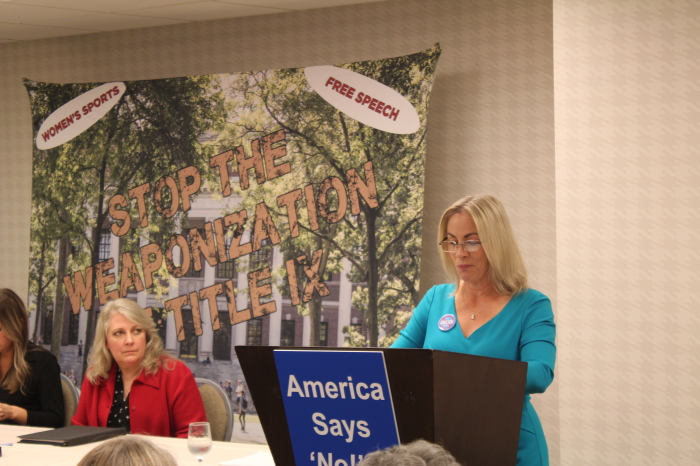 SAVE Media Consultant Rebecca Hain (right) speaks during a discussion on Title IX on Sept. 21, 2023, in Washington, D.C. Debbie Cloud (left), co-director of American Life & Liberty PAC, was one of the speakers at the event. 