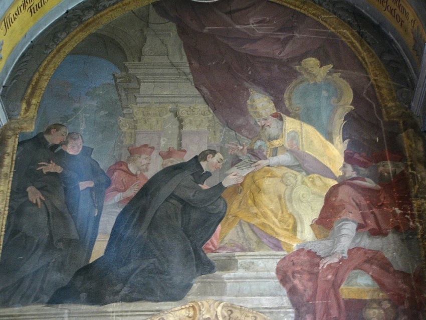 A 18th century fresco depicting Pope Paul III giving official approval to the creation of the Society of Jesus in 1540.