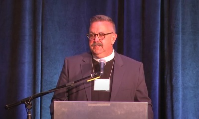 The Rev. Jeff Johnson speaks before the Evangelical Lutheran Church in America Sierra Pacific Synod Assembly on Sunday, Sept. 17, 2023, shortly after being elected the first openly gay bishop of the synod.