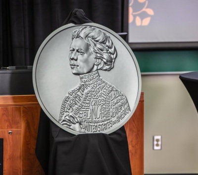 A model of the United States Mint quarter honoring Jovita Idar, a Mexican-American journalist and Methodist social reformer, as seen at an event celebrating the coin's release held at the University of Texas San Antonio on Sept. 14, 2023. 