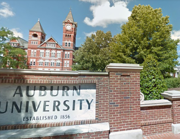 A sign welcomes students to Auburn University in Auburn, Alabama. 
