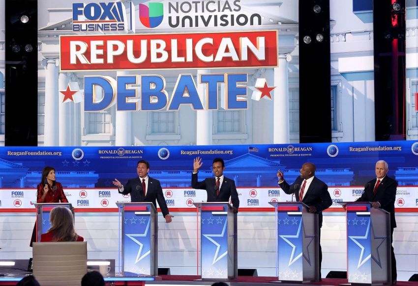 Republican presidential candidates (L-R), former U.N. Ambassador Nikki Haley, Florida Gov. Ron DeSantis, Vivek Ramaswamy, U.S. Sen. Tim Scott (R-SC), and former U.S. Vice President Mike Pence participate in the FOX Business Republican Primary Debate at the Ronald Reagan Presidential Library on September 27, 2023 in Simi Valley, California. 