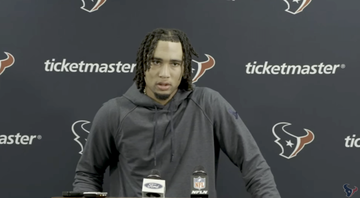 Quarterback C.J. Stroud of the Houston Texans speaks at a press conference in September 2023. 