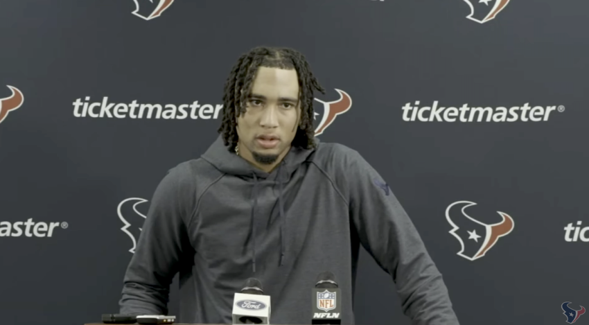 Quarterback C.J. Stroud of the Houston Texans speaks at a press conference in September 2023.
