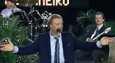 Jimmy Swaggart preaching at a soccer stadium in Rio de Janeiro, Brazil, in October 1987. 