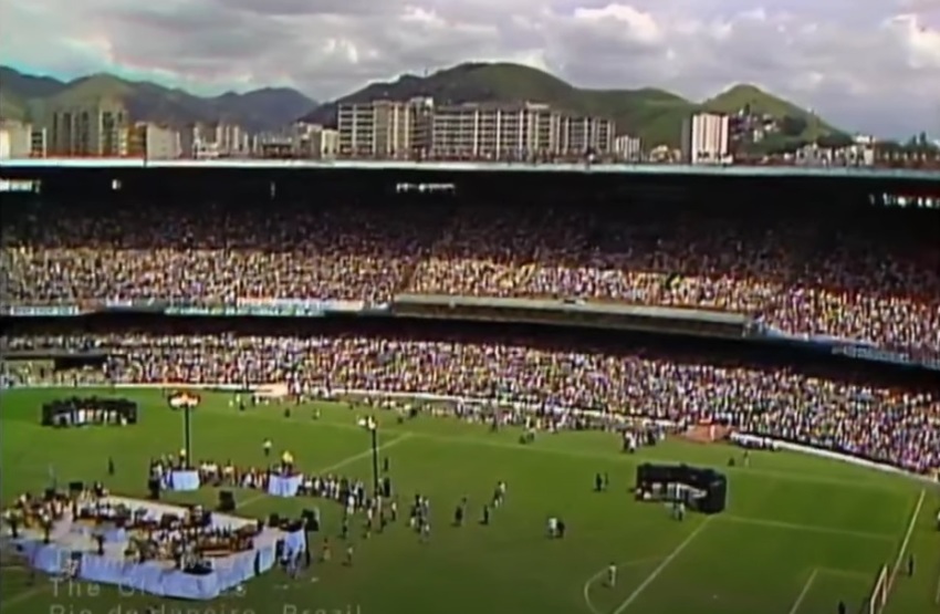 A crowd gathered at a soccer stadium in Rio de Janeiro, Brazil, for a crusade led by televangelist Jimmy Swaggart in October 1987.