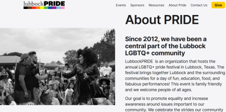 A screenshot of the Lubbock Pride website shows a drag performer on the group's 