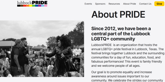 A screenshot of the Lubbock Pride website shows a drag performer on the group's 'About' page.