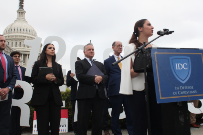 (From Left) For the Martyrs and the March for the Martyrs founder Gia Chacón, Rep. Chris Smith, R-N.J., Rep. Brad Sherman, D-Calif., and ANCA Government Affairs Director Tereza Yerimyan speak at a press conference in Washington, D.C., on September 29, 2023. 