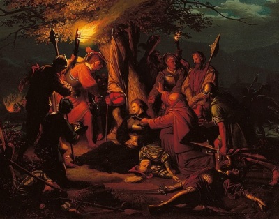 A 19th century depiction of the death of Protestant Reformation leader Ulrich Zwingli at the battle of Kappel in 1531, painted by August Weckesser. 