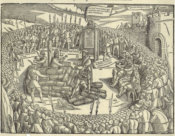 English Protestants Hugh Latimer and Nicholas Ridley being burned at the stake in October 1555. 
