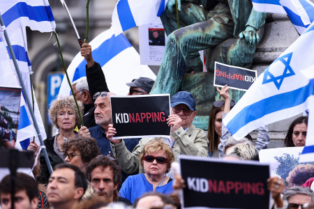 This photograph taken on October 11, 2023, shows protesters gathering near the European Parliament in Brussels as they take part in a rally in solidarity with Israel following the October 7, 2023, surprise assault on Israel by the Palestinian terrorist group Hamas.