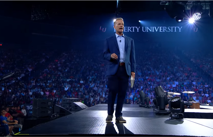 Liberty University President Dondi E. Costin speaks at a convocation service on August 23, 2023, in Lynchburg, Virginia. 