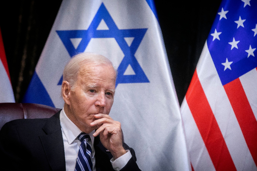 U.S. President Joe Biden joins Israel's Prime Minister for the start of the Israeli war cabinet meeting, in Tel Aviv on October 18, 2023, amid the ongoing battles between Israel and the Palestinian group Hamas. US President Joe Biden landed in Tel Aviv on October 18, 2023 as Middle East anger flared after hundreds were killed when a rocket struck a hospital in war-torn Gaza, with Israel and the Palestinians quick to trade blame.