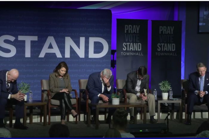 Attendees pray for Israel during a special Pray Vote Stand Townhall on Oct. 22, 2023. Left to right: Jerry Boykin, Michele Bachmann, Chad Connelly, Erik Estep and Tony Perkins.