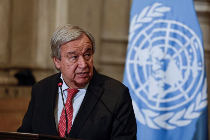 United Nations Secretary-General Antonio Guterres speaks during a press conference with Egypt's Foreign Minister following their meeting in Cairo on October 19, 2023 as Palestinians in war-torn Gaza await aid trucks promised in a deal struck by the US President with Egypt and Israel. 