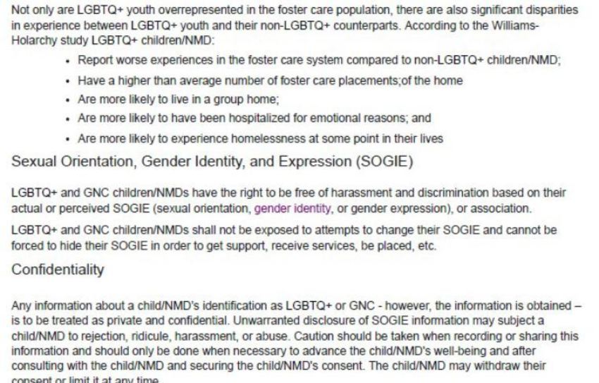 A screenshot of a page under the DCFS open bids and solicitations section which appears to prohibit any efforts to expose children to "attempts to change" their gender identity or "sexual orientation."