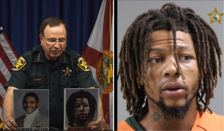 Polk County Sheriff Grady Judd holds up photos of murder victim, 20-year-old Roderick Wilson Jr. and murder suspect, 22-year-old Taquion "Quan" Cotton, at a press conference in Florida on October 23, 2023. Cotton is also pictured on the right.