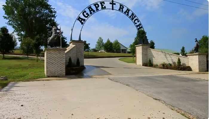 The entrance of the now-shuttered Agape Boarding School in Stockton, Missouri.