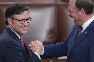 U.S. Rep. Mike Johnson, R-La., (L) celebrates with Rep. Andy Barr, R-Ky., as the House of Representatives holds an election for a new Speaker of the House at the U.S. Capitol on October 25, 2023, in Washington, D.C. After a contentious nominating period that has seen four candidates over a three-week period, the House GOP conference selected Johnson as their most recent nominee to succeed former Speaker Kevin McCarthy, R-Calif., who was ousted on October 4 in a move led by a small group of conservative members of his own party. 