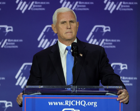 Republican presidential candidate former U.S. Vice President Mike Pence speaks after suspending his campaign for president during the Republican Jewish Coalition's annual Leadership Summit at The Venetian Resort Las Vegas on October 28, 2023, in Las Vegas, Nevada. The summit features the top GOP presidential candidates who will face their first test on the road to the Republican nomination with the Iowa Caucuses on January 15, 2024.