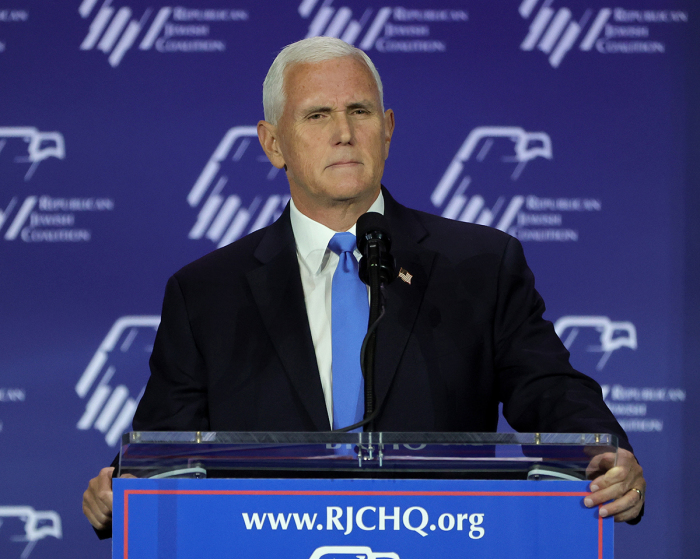 Republican presidential candidate former U.S. Vice President Mike Pence speaks after suspending his presidential campaign during the Republican Jewish Coalition's annual Leadership Summit at The Venetian Resort Las Vegas on October 28, 2023, in Las Vegas, Nevada. The summit features the top GOP presidential candidates who will face their first test on the road to the Republican nomination with the Iowa Caucuses on January 15, 2024. 