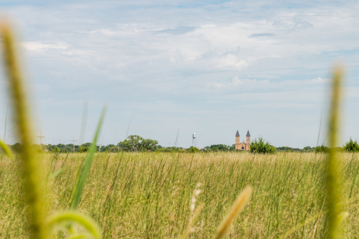 The Basilica of St. Fidelis dominates the landscape of Victoria, Kansas. 