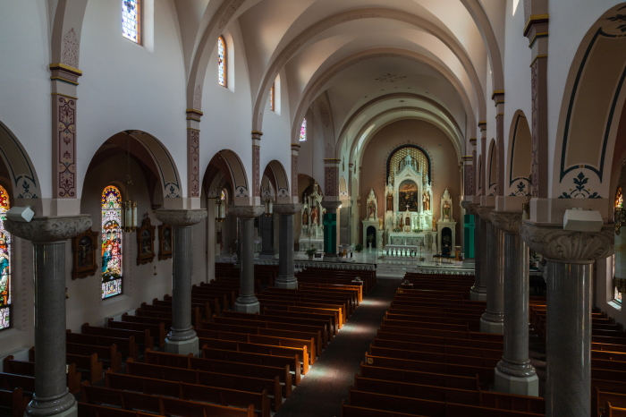 The interior of the Basilica of St. Fidelis in Victoria, Kansas. 