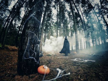Woman dressed as a witch walking through the forest.