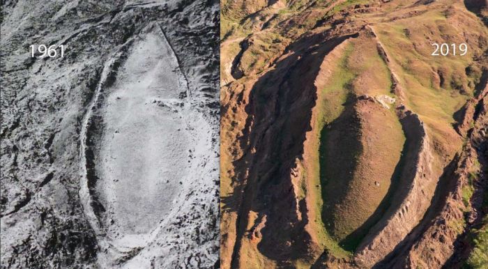 Image from 1961 and 2019 of the Durupinar formation, a unique “boat-shaped” geological formation in eastern Turkey.
